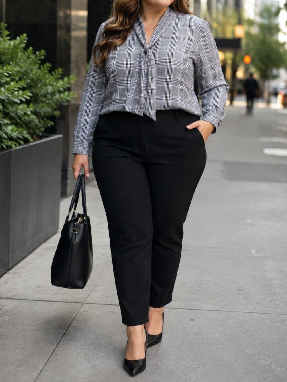 Torrid Plus Size Grey Plaid Tie Neck Long Sleeve Blouse Career Fall Long Sleeves